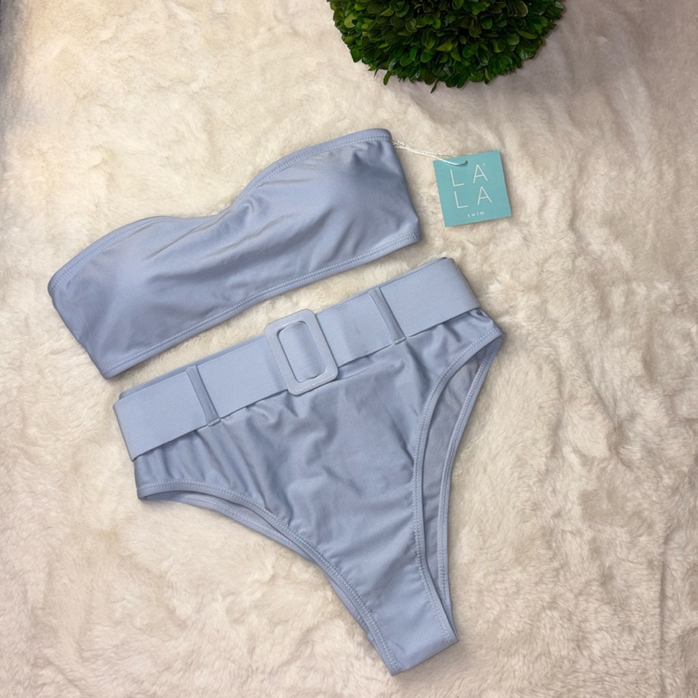 LA LA Swim high waisted belted bandeau bikini powder blue size medium top/bottom